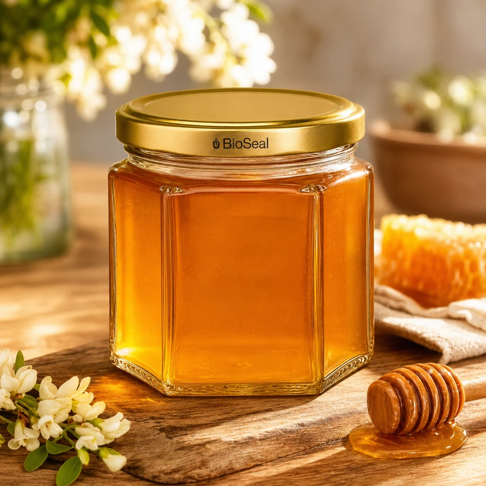 Hochwertiges UNiTWIST Hexa47 Honigglas mit goldenem BioSeal Verschluss neben Honigwaben und Honiglöffel