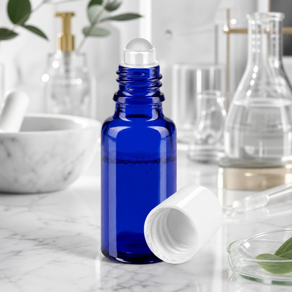 Apothekenflasche blau 20ml Roll-On Verschluss weiß Kompakte 20ml Rollonflasche in Blau mit abgenommenem weißem Deckel auf Marmoruntergrund