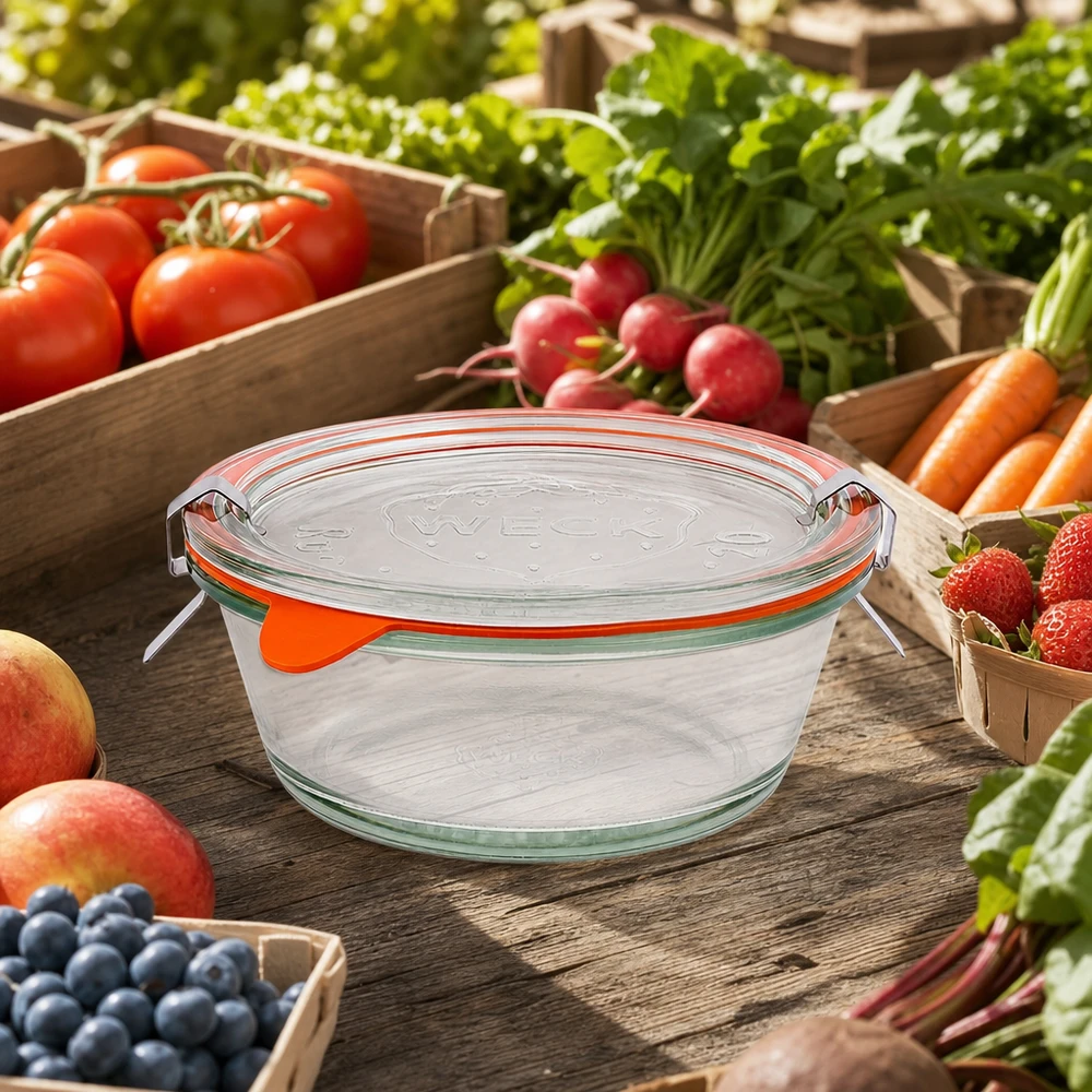 Vasetto gourmet da 300 ml completo WECK RR120 WECK vaso gourmet 300ml RR120 circondato da verdure fresche di mercato in cassette di legno, conservazione sostenibile del vetro