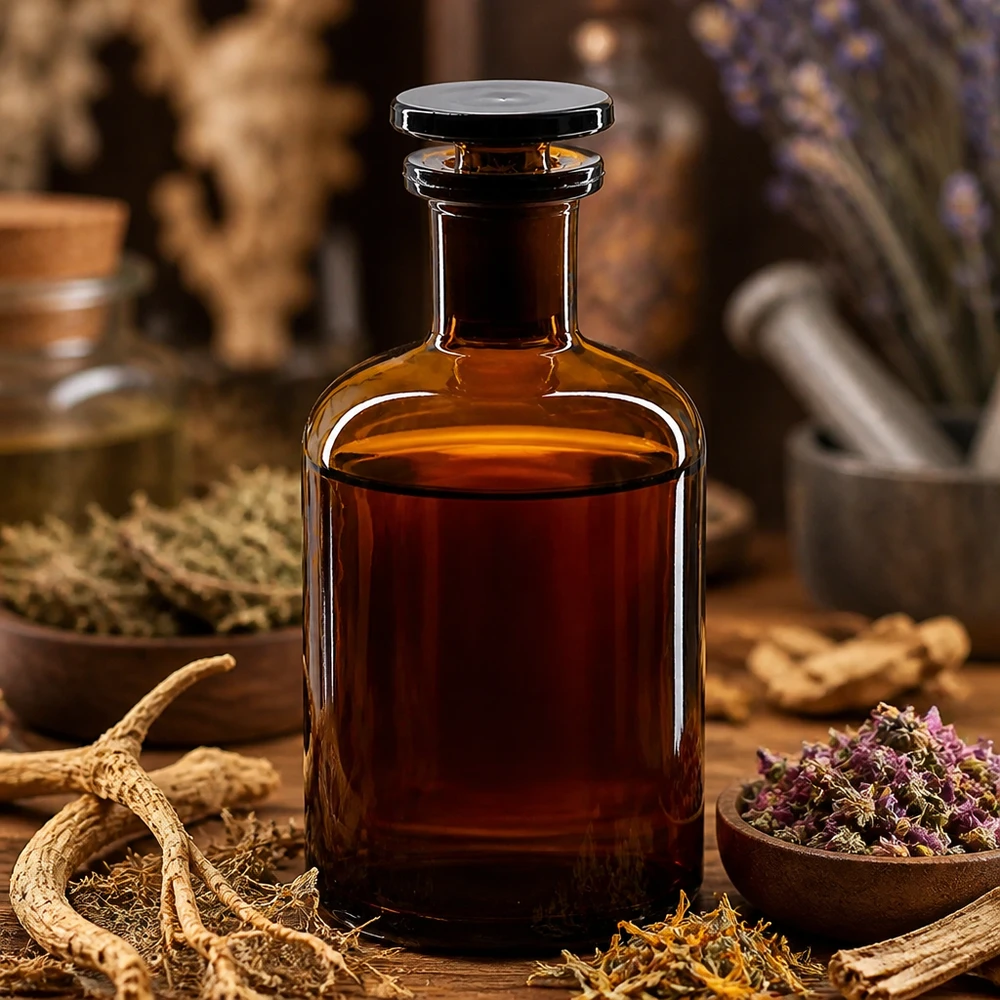 Bottiglia a spalla arrotondata da 100 ml, di colore marrone, con tappo in vetro, circondata da erbe medicinali essiccate e radici