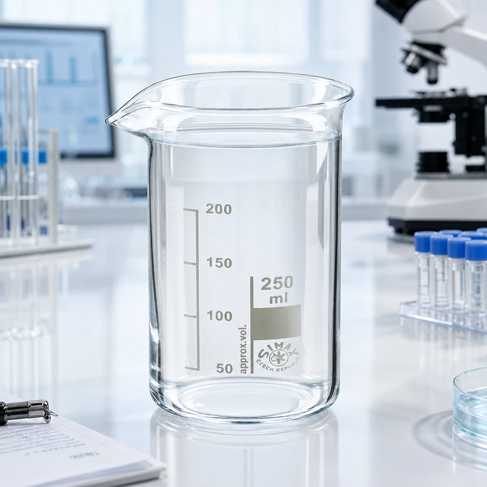Bicchiere 250ml in vetro borosilicato, forma alta Becher da laboratorio trasparente da 250 ml, forma alta, in vetro borosilicato SIMAX con graduazione bianca