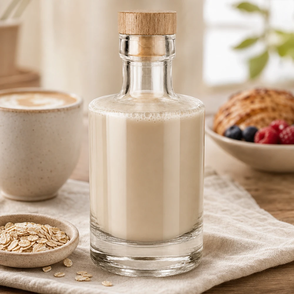 Bottiglia in vetro da 200 ml Marie con tappo in sughero con impugnatura in legno UNiTWIST® 200ml Glasflasche Marie mit cremiger Hafermilch befüllt, Holzkorken, gemütliches Frühstücks-Ambiente mit Haferflocken un