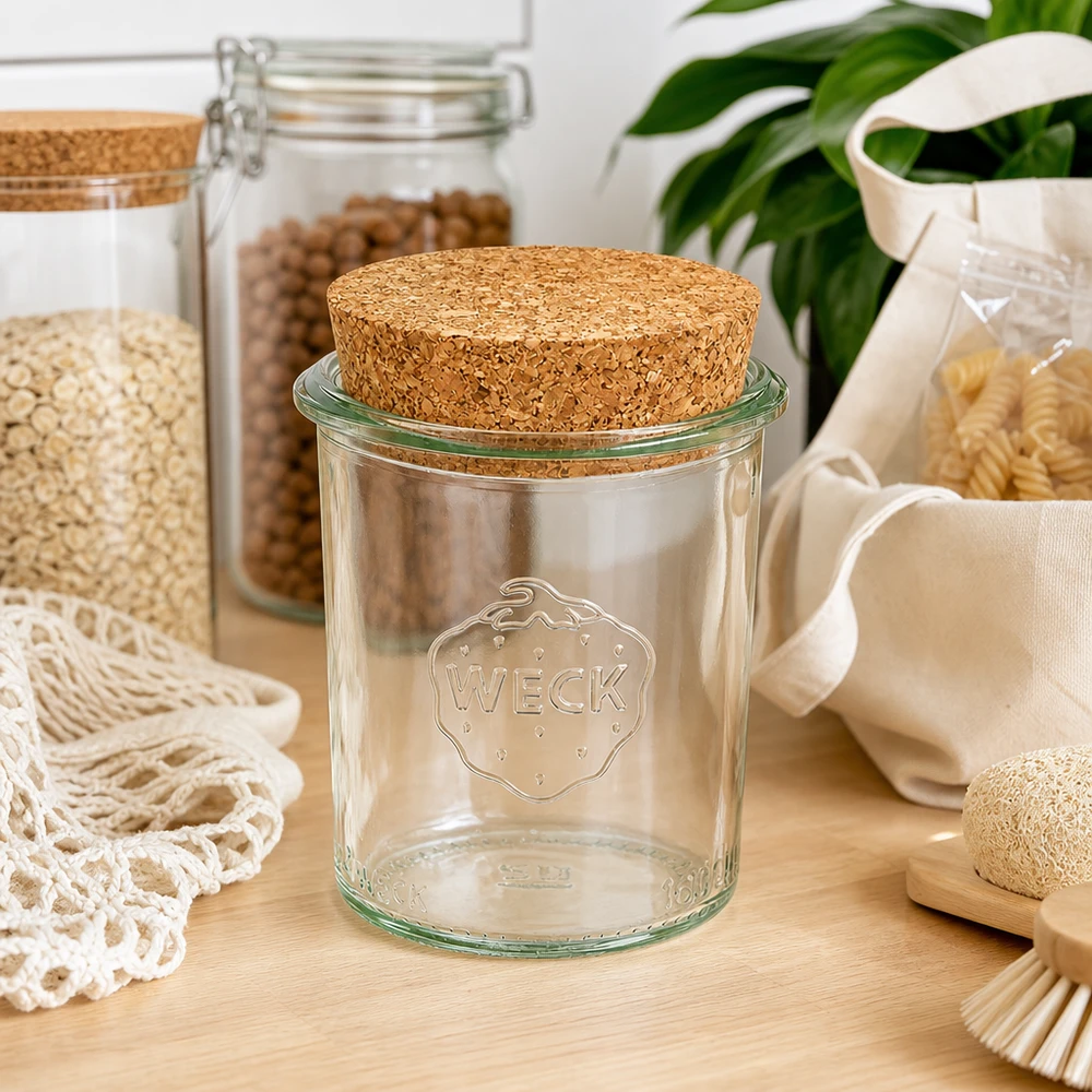 Barattolo WECK 160ml RR60 con coperchio in sughero in cucina sostenibile a spreco zero tra barattoli e tessuti naturali