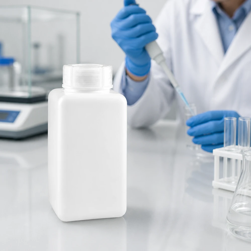 Bouteille de laboratoire grand volume de 1 500 ml en PE-HD blanc naturel, adaptée au contact alimentaire et résistante aux produits chimiques