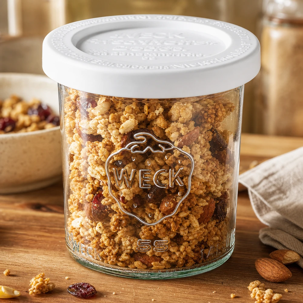 Bocal en verre de 140 ml avec couvercle hermétique WECK RR60 WECK Sturzglas 140ml RR60 mit Müsli und Nüssen befüllt - vielseitiges Vorratsglas für trockene Lebensmittel