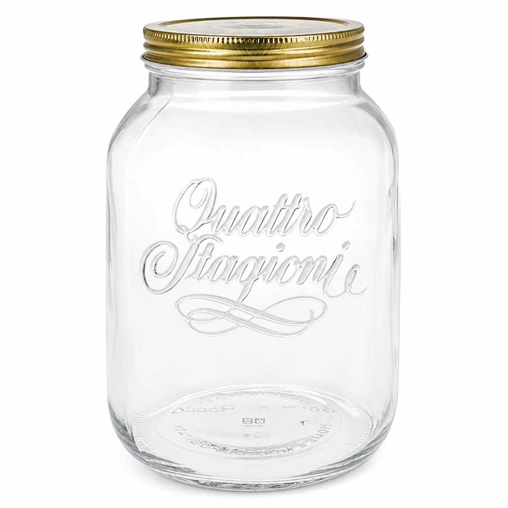 Vaso rotondo "Quattro Stagioni" da 3000 ml con coperchio Vaso rotondo Quattro Stagioni da 3000 ml vuoto con coperchio a vite dorato e logo in rilievo su sfondo bianco