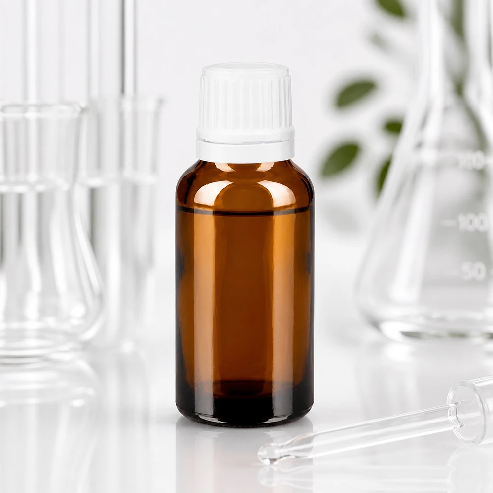 Kompakte Braunglas Dosierflasche 20ml mit schmalem 0.7mm Tropfer und OV-Sicherung