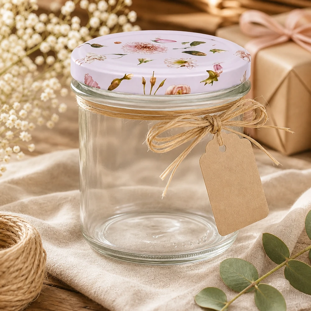 350ml Sturzglas + BasicSeal Deckel Blume rosa UNiTWIST Sturzglas 350ml BasicSeal rosa Blumendekor als Geschenkidee mit Juteschleife Kraftpapier-Anhänger Dekoration