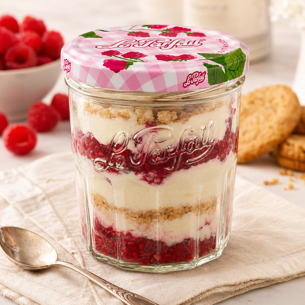 Le Parfait® Jam 324 ml Ø82 mm vaso marmellata Bicchierini Le Parfait da 324 ml con dessert al lampone e mascarpone e coperchio a vite decorativo accanto a cucchiaio e biscotti