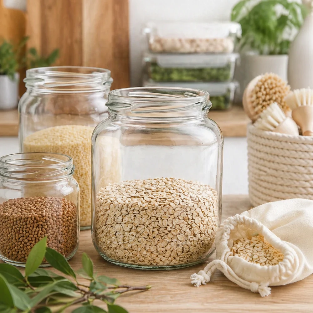 UNiTWIST Oval370 Einmachglas 370ml TO66 mit Haferflocken gefüllt in nachhaltiger Küche mit Vorratsgläsern