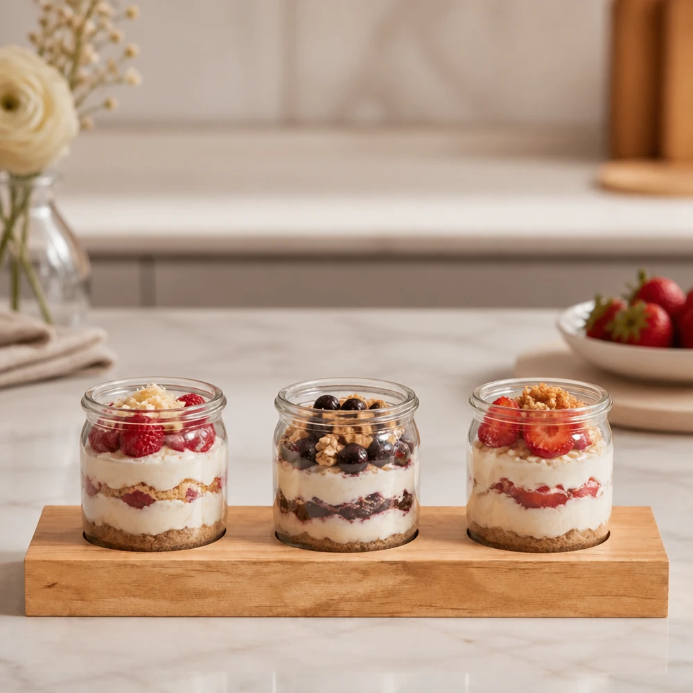 Tagliere Plano3 per 3 barattoli WECK Tavola da portata Plano3 con tre vasetti WECK riempiti di dessert allo yogurt e frutti di bosco su un bancone da cucina in marmo