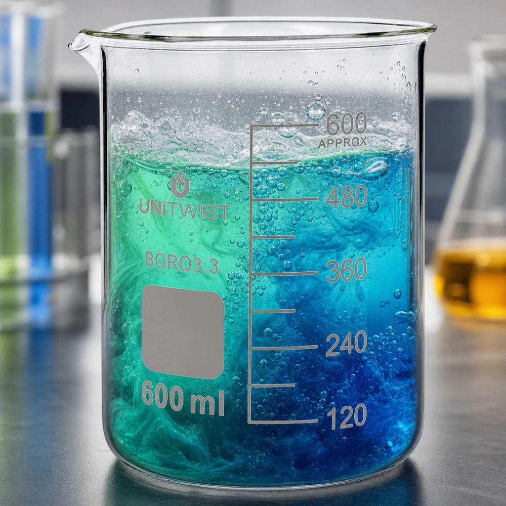 Bicchiere da 600 ml in borosilicato, stampo basso UNiTWIST Bicchiere da laboratorio UNiTWIST da 600 ml in borosilicato con reazione cromatica verde-blu e formazione di bolle