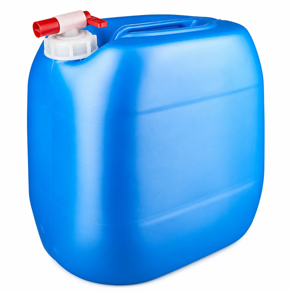 Bidon 30 litres bleu avec robinet Bidon en plastique bleu de 30 litres avec robinet de vidange rouge et bouchon à vis blanc
