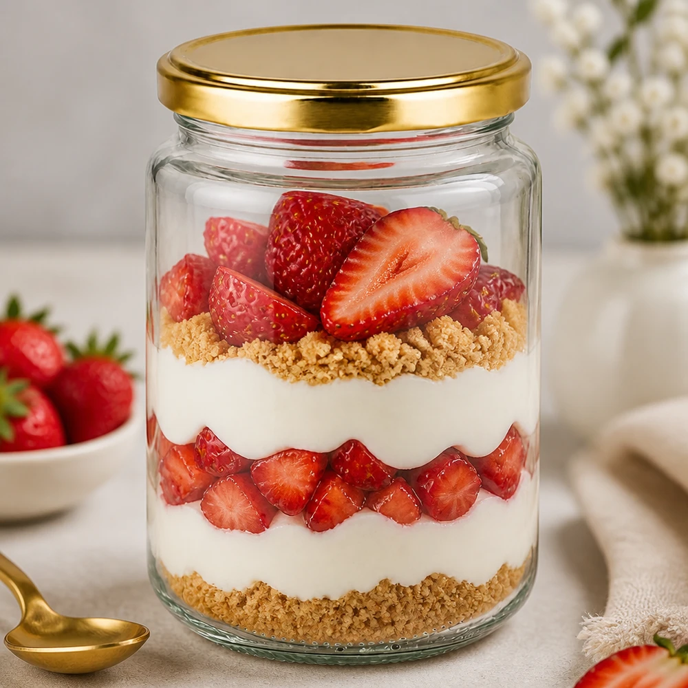 Barattolo rotondo da 382 ml con coperchio BasicSeal oro UNiTWIST Bicchiere rotondo da 382 ml con coperchio dorato come bicchiere da dessert con fragole e briciole di biscotti in un elegante ambiente di cucina