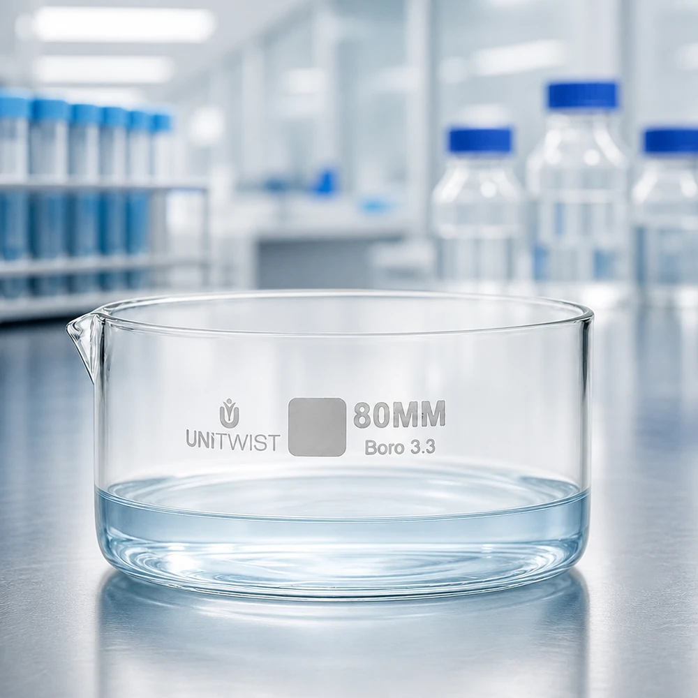 Cristallisoir ø80mm verre borosilicaté UNiTWIST Cuvette de cristallisation de 80 mm en verre borosilicaté 3.3 UNiTWIST remplie d'eau, posée sur un plan de travail en acier inoxydable dans un laboratoire