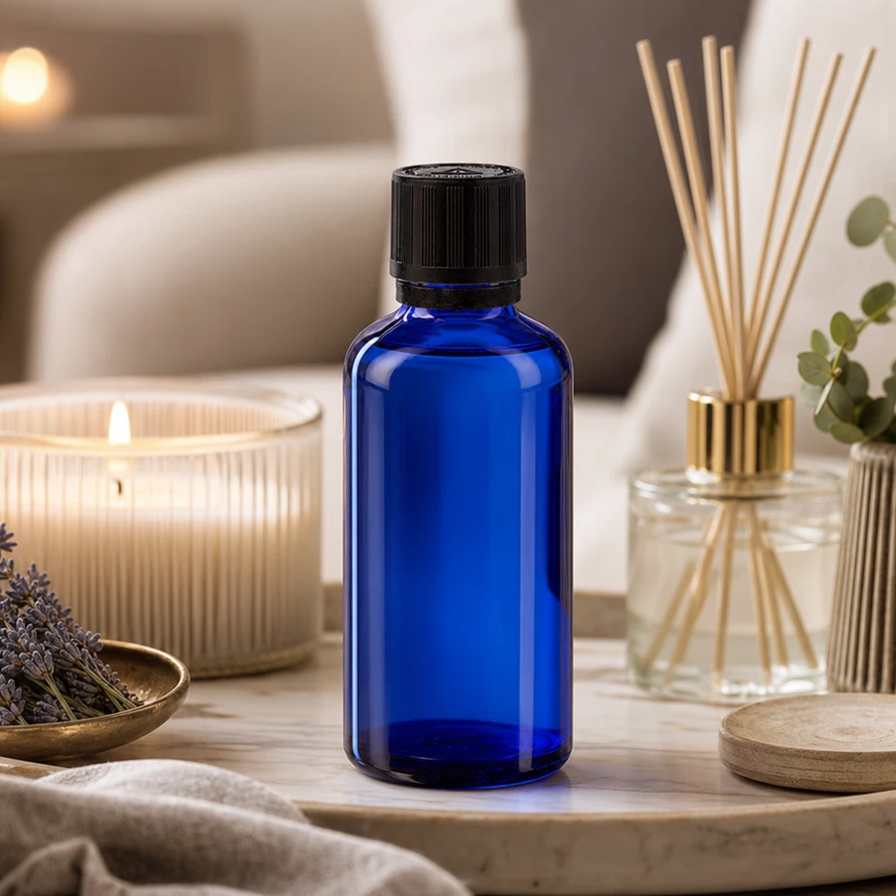 Flacon à pharmacie bleu 50ml bouchon inviolable 1mm noir sécurité enfant adapté aux aveugles bouchon inviolabilité Flacon compte-gouttes de 50 ml en verre d'apothicaire bleu cobalt, muni d'un bouchon de sécurité noir, posé sur un plateau en marbre