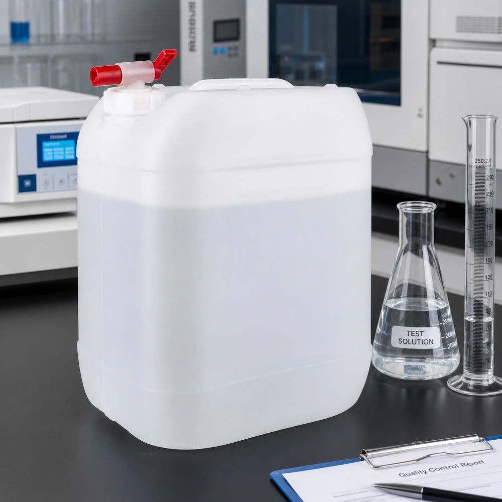 Jerrican de 20 litres avec robinet Bidon blanc vide de 20 litres muni d'un robinet rouge, posé sur un plan de travail de laboratoire noir
