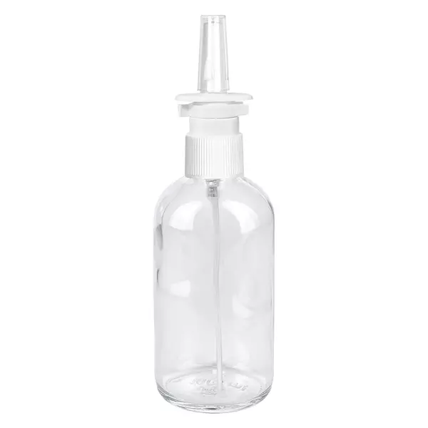 Flacon vaporisateur nasal transparent ClearLine de 100 ml avec tête de pulvérisation blanche et embout nasal