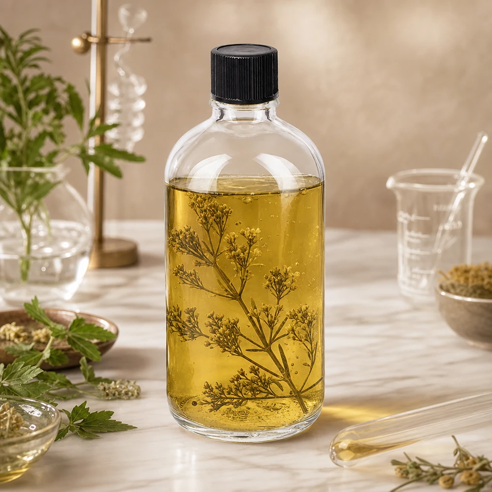 100ml Tropfflasche 1mm schwarz Standardverschluss ClearLine UT18/100 Befüllte ClearLine Standardflasche 100ml UT18 mit goldgelbem Kräuteröl und botanischen Elementen