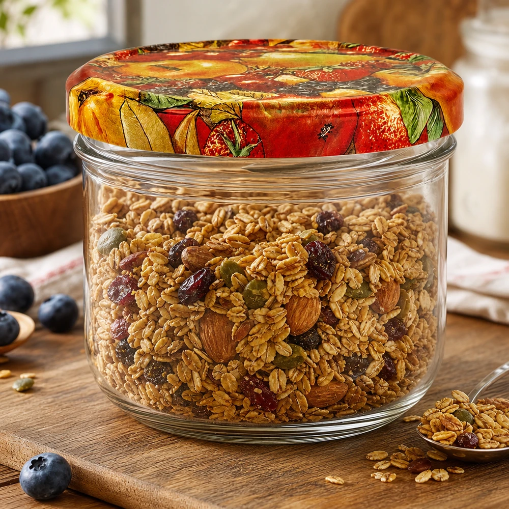Barattolo per conserve da 260 ml con coperchio per frutta, riempito con muesli e frutta secca come contenitore per la cucina