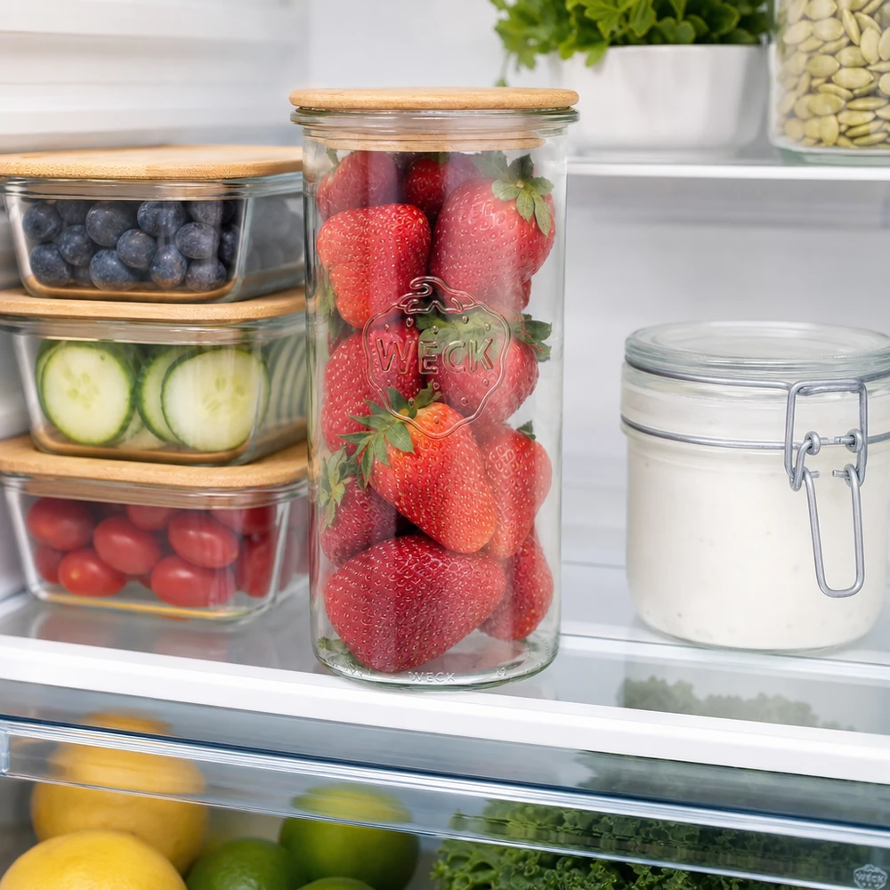1500ml Sturzglas WECK RR100 mit Holzdeckel WECK Sturzglas 1500ml RR100 mit Holzdeckel im Kühlschrank gefüllt mit frischen Erdbeeren für Frischhaltung
