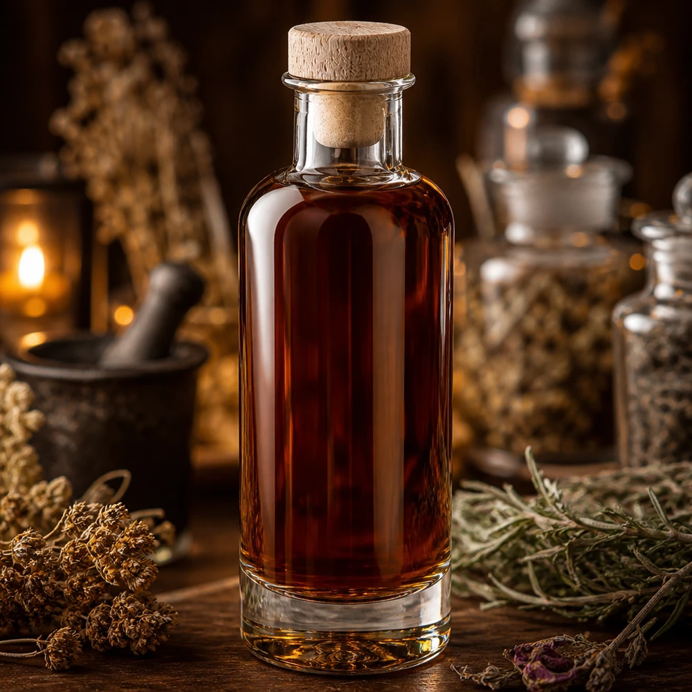 Bottiglia in vetro da 200 ml Ella con tappo in sughero con impugnatura in legno UNiTWIST® 200ml Glasflasche Ella mit Holzkorken gefüllt mit braunem Elixier in rustikaler Alchemisten-Atmosphäre mit Kräutern