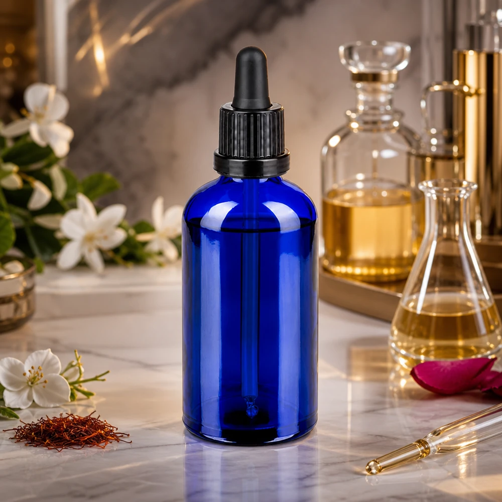 Flacone per pipette da 100 ml nero OV BlueLine UT18/100 Pratico flacone a pipetta da 100 ml nel classico blu cobalto per cosmetici fai da te e miscele di aromi