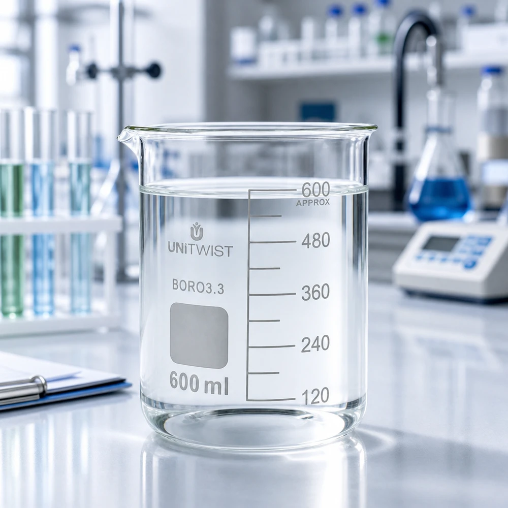 Bicchiere da 600 ml in borosilicato, stampo basso UNiTWIST Becher UNiTWIST vuoto da 600 ml in borosilicato 3.3, forma bassa, trasparente, da laboratorio