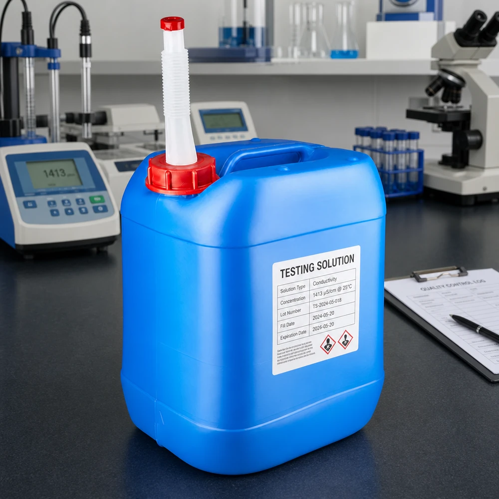 Bidon 20 litres bleu avec tube de vidange Flex Solution de conductivité 1413 µS dans un bidon bleu de 20 L muni d'un bec verseur flexible, en laboratoire
