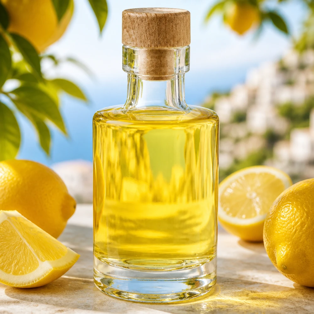 Bottiglia da 100 ml in vetro Marie con tappo in legno riempita con olio giallo circondato da limoni in un'atmosfera mediterranea