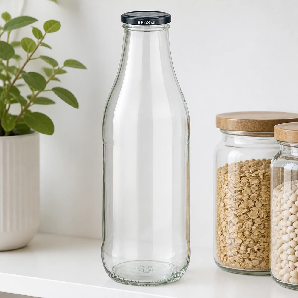 1000ml Glasflasche + BioSeal Deckel schwarz UNiTWIST 1000ml Glasflasche BioSeal Deckel schwarz Küchenregal Haferflocken weiße Bohnen Vorratsgläser Holzdeckel Pflanze