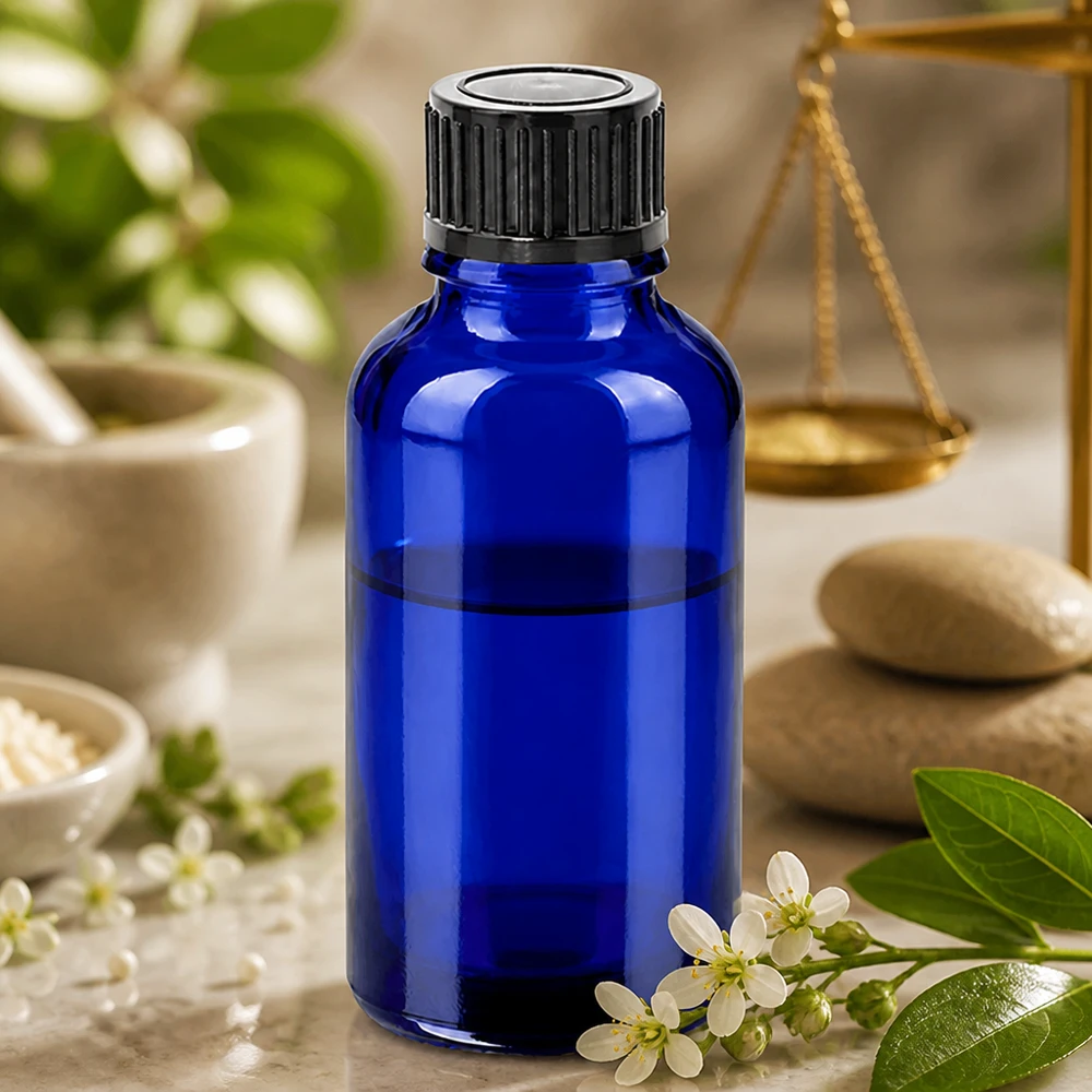 Bottiglia in vetro BlueLine da 30 ml con coperchio nero, perfetta per miscele di oli e tinture