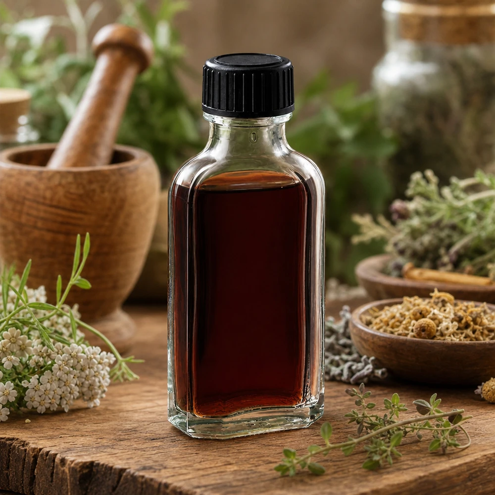 Tappo a vite trasparente Meplat da 50 ml con disco di tenuta LKD Flacone di vetro Meplat piatto da 50 ml con tappo a vite nero, tra erbe fresche e un mortaio di legno