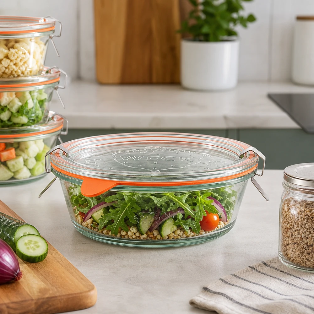 Vasetto gourmet da 300 ml completo WECK RR120 WECK vaso gourmet 300ml RR120 pieno di insalata fresca sul piano di lavoro della cucina, contenitore in vetro per la preparazione dei pasti
