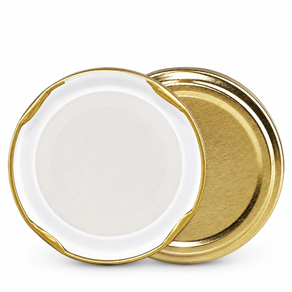 Zwei goldene Einmachdeckel TO58 Vorder- und Rückseite UNiTWIST BioSeal unitemp 58mm