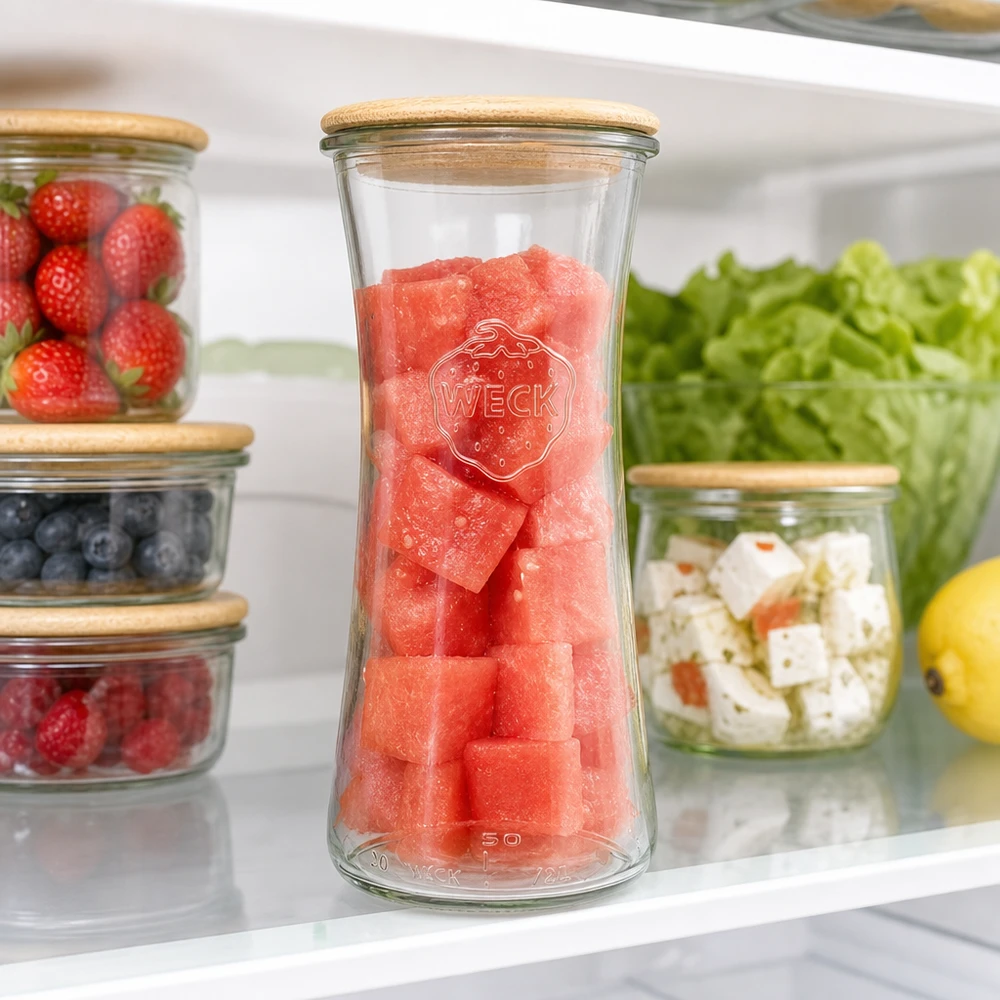 700ml Delikatessenglas WECK RR80 mit Holzdeckel WECK Vorratsglas 700ml RR80 gefüllt mit Wassermelone im Kühlschrank zwischen frischen Beeren und Salat