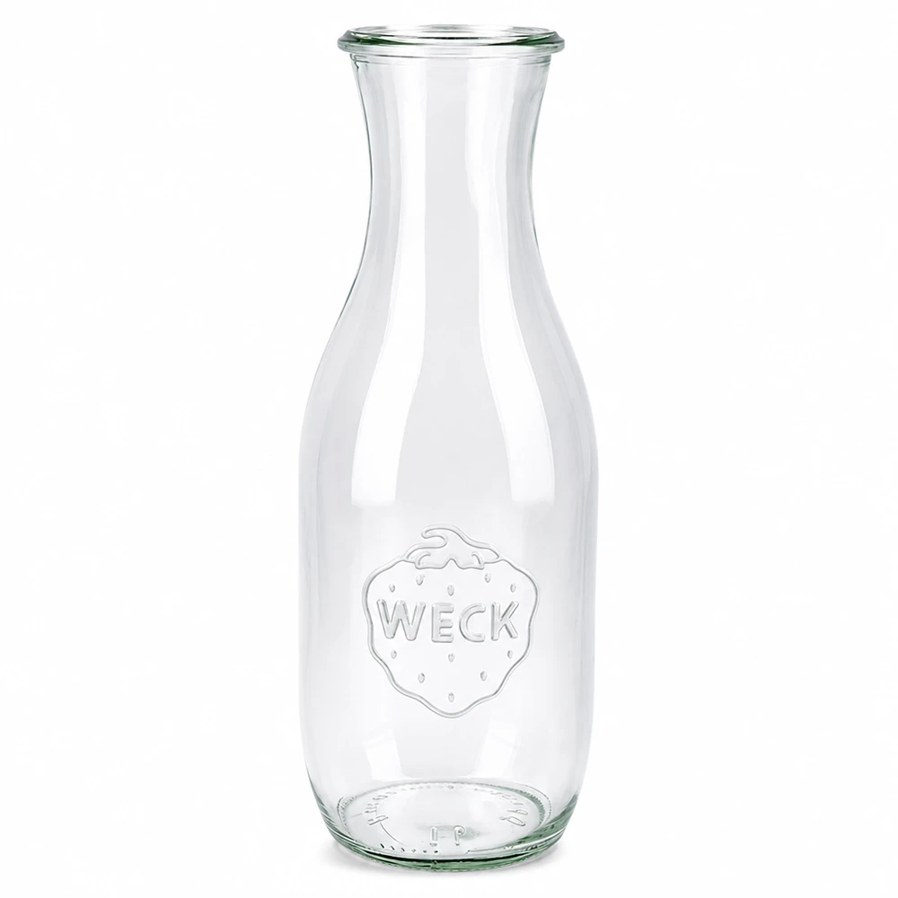 Bottiglia per succhi da 1062 ml WECK RR60 Bottiglia per succhi di frutta WECK 1062ml RR60 in vetro trasparente con logo in rilievo e ampia apertura per succhi e bevande