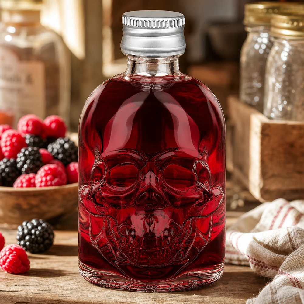 Bottiglia in vetro da 50 ml Hector con tappo a vite argento UNiTWIST® Bottiglia in vetro da 50 ml di Hector con ripieno di liquore ai frutti rossi tra lamponi e more in cucina rustica