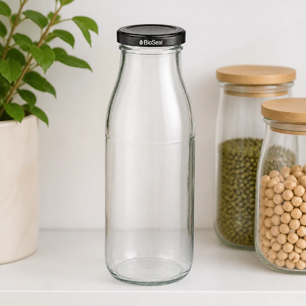 500ml Glasflasche + BioSeal Deckel schwarz UNiTWIST 500ml Glasflasche mit schwarzem BioSeal Deckel in Küchenumgebung neben Vorratsgläsern mit Hülsenfrüchten und Pflanze