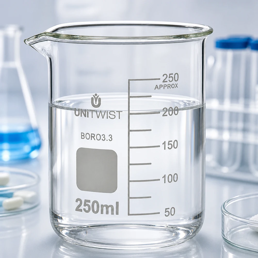 Bicchiere 250ml borosilicato, stampo basso UNiTWIST Bicchiere da laboratorio da 250 ml, di forma bassa, riempito con acqua limpida fino al segno dei 200 ml