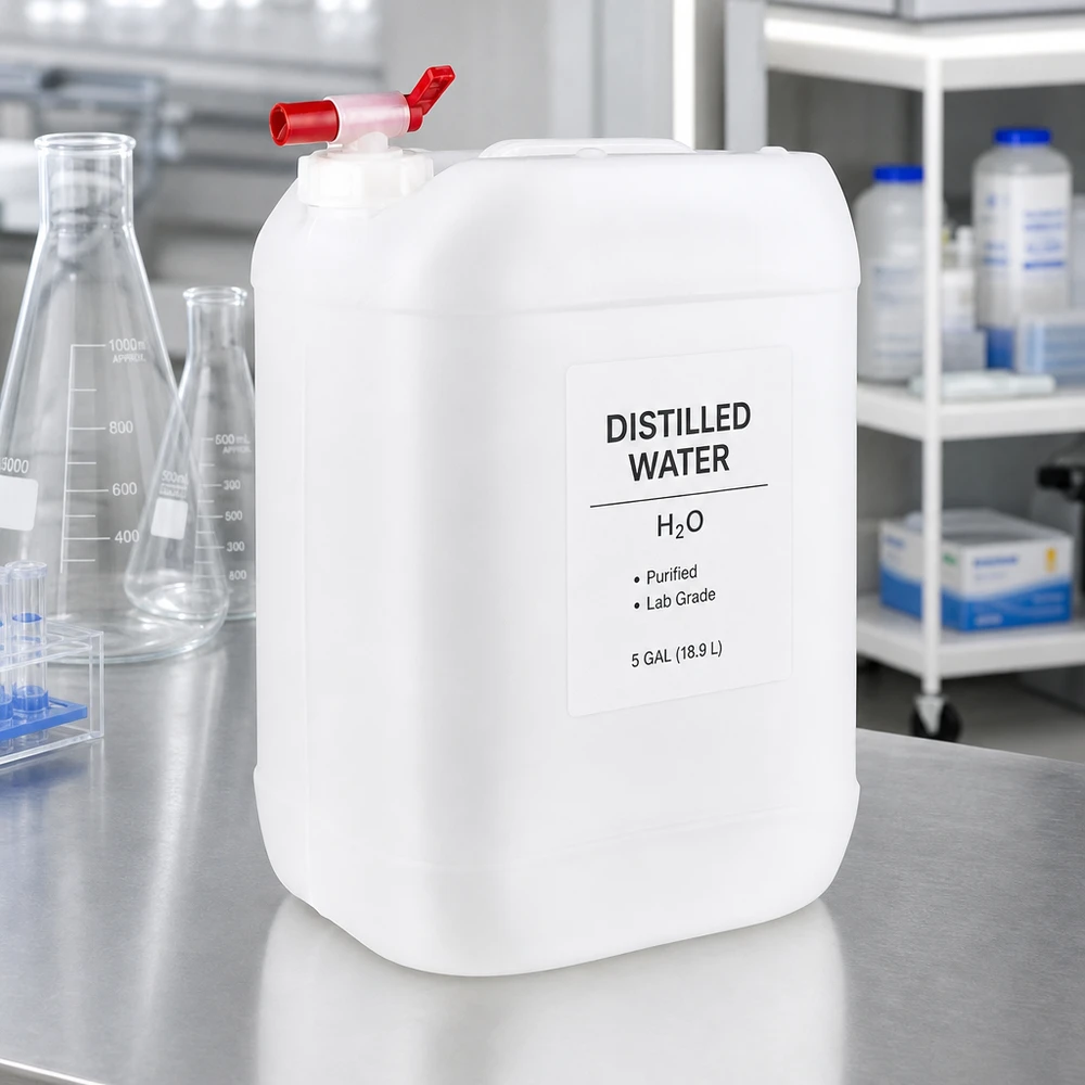 Jerrican de 25 litres avec robinet Bidon de 25 litres d'eau distillée muni d'un robinet, posé sur une table en acier inoxydable dans le laboratoire