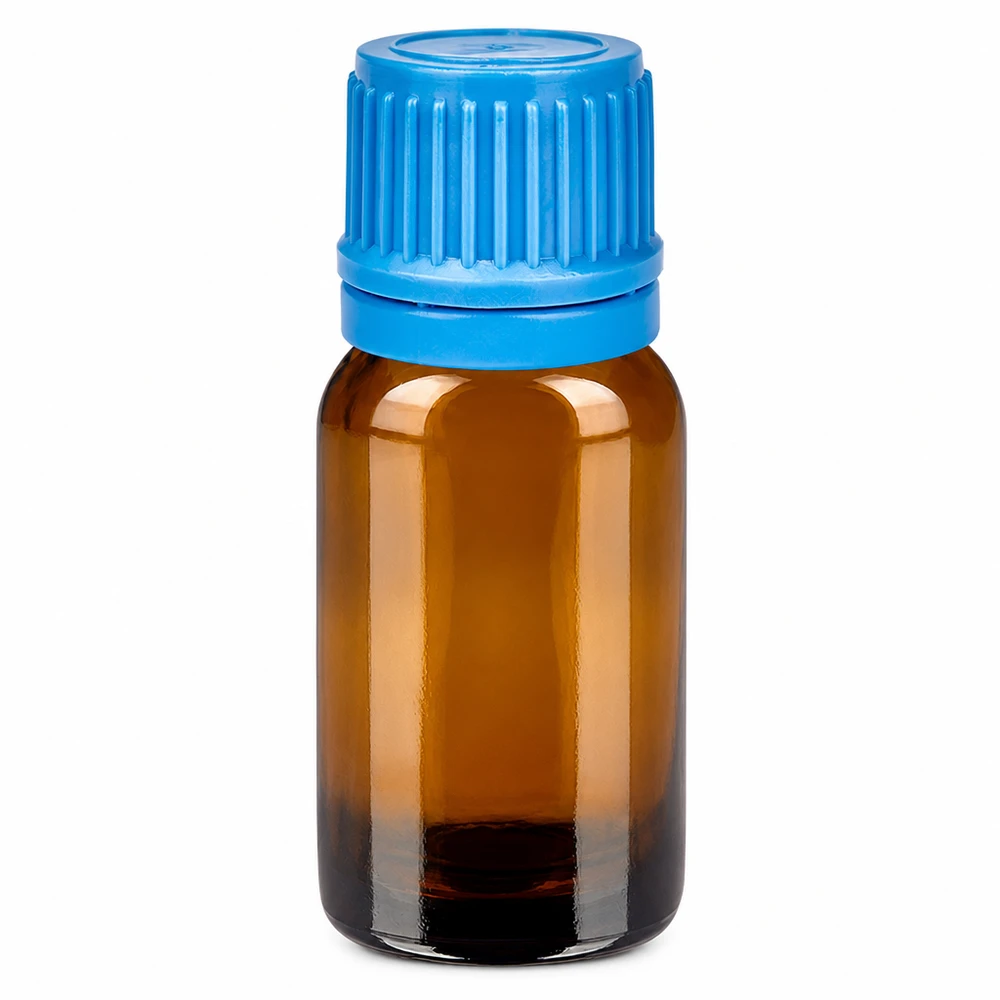 Flacone da 10 ml in vetro marrone con apertura di 11 mm e tappo a vite blu per una conservazione sicura.