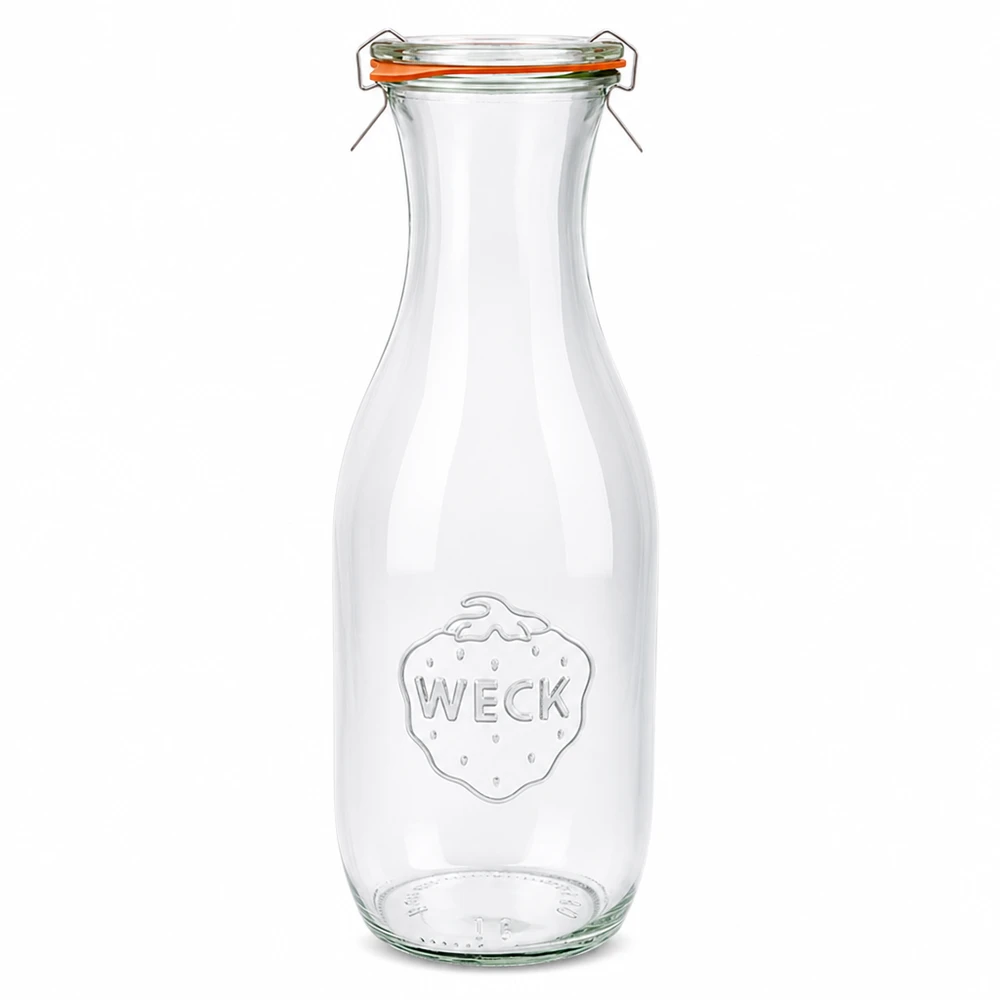 Bottiglia per succhi da 1062 ml, set completo WECK RR60 Bottiglia per succhi di frutta WECK da 1062 ml in vetro con tappo girevole e anello in gomma completa RR60 trasparente