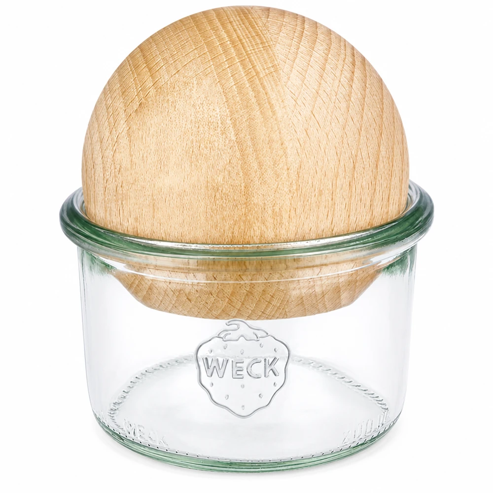 Bicchieri da 200 ml WECK RR80 con sfera di legno di faggio Bicchieri WECK 200ml RR80 con coperchio in legno di faggio a forma di palla, vetro trasparente con logo WECK, vaso di conservazione sostenibile