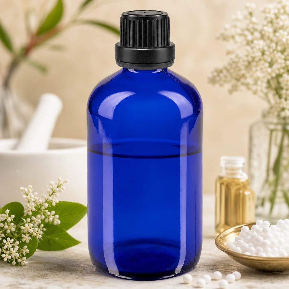 Blaue Apothekerflasche 100ml mit Sicherheitsverschluss zwischen weißen Blüten und Ölen