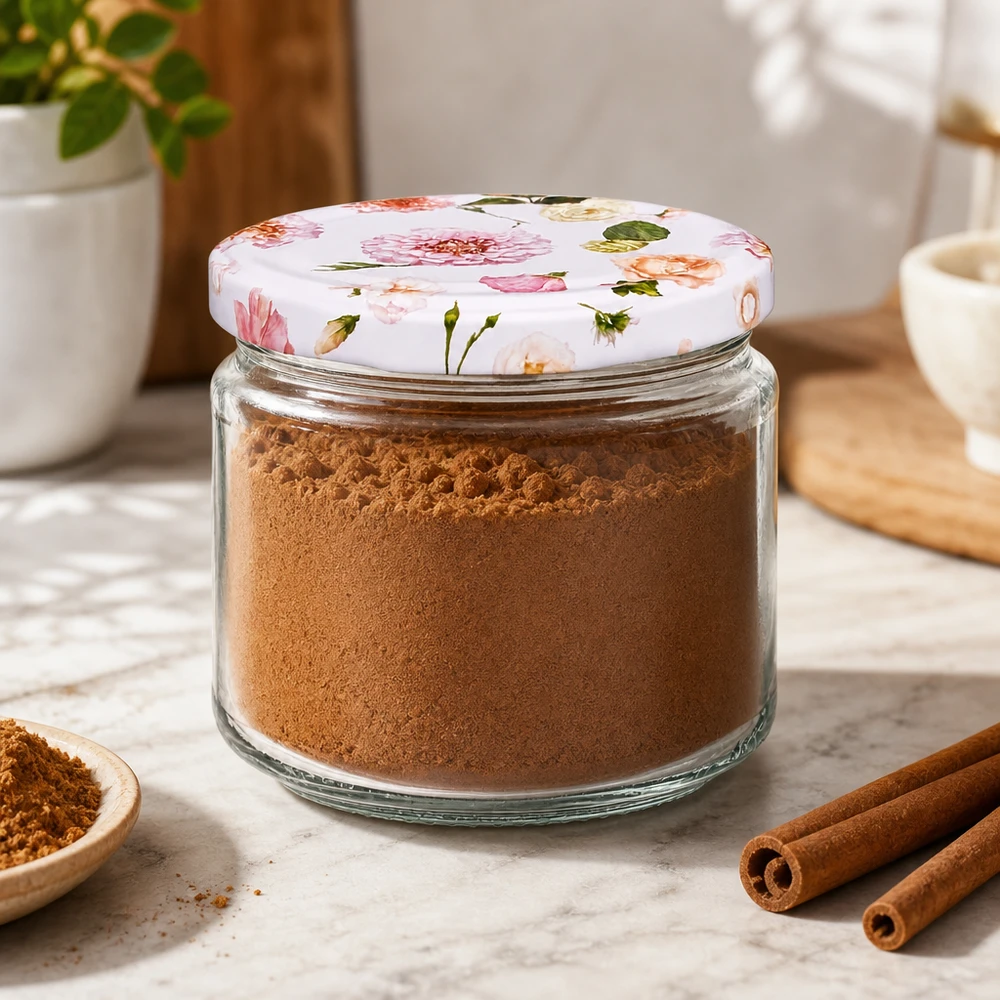 330ml Rundglas + BasicSeal Deckel Blume rosa UNiTWIST 330ml Rundglas rosa Blumendekor gefüllt mit Kakaopulver Zimt Gewürzen Küche Vorratsbehälter luftdicht