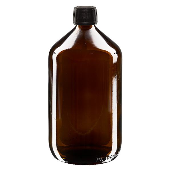 Flacone per medicine da 1000ml marrone, tappo nero con originale Flacone per medicine da 1000ml marrone, tappo nero con originale