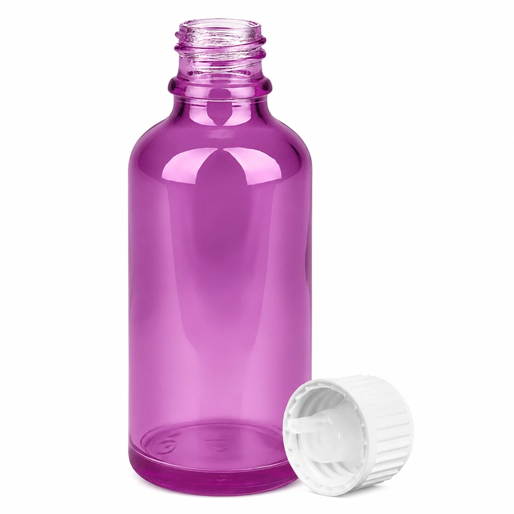 Flacone contagocce da 50 ml 0,9 mm bianco standard PurpleLine. UT18/50 Flacone in vetro viola da 50 ml con inserto contagocce per rimedi omeopatici e tinture