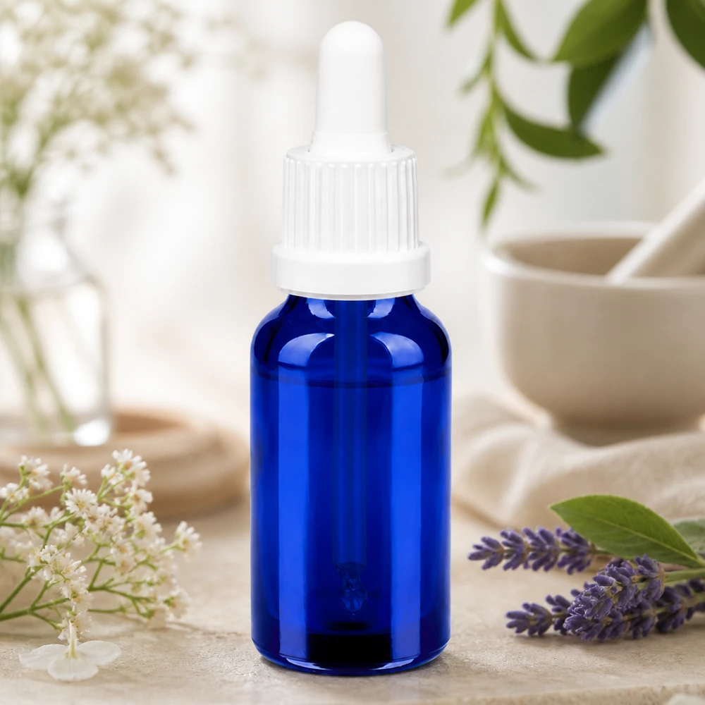 Bottiglia da farmacista da 20 ml in vetro blu con pipetta dosatrice precisa per applicazioni di laboratorio