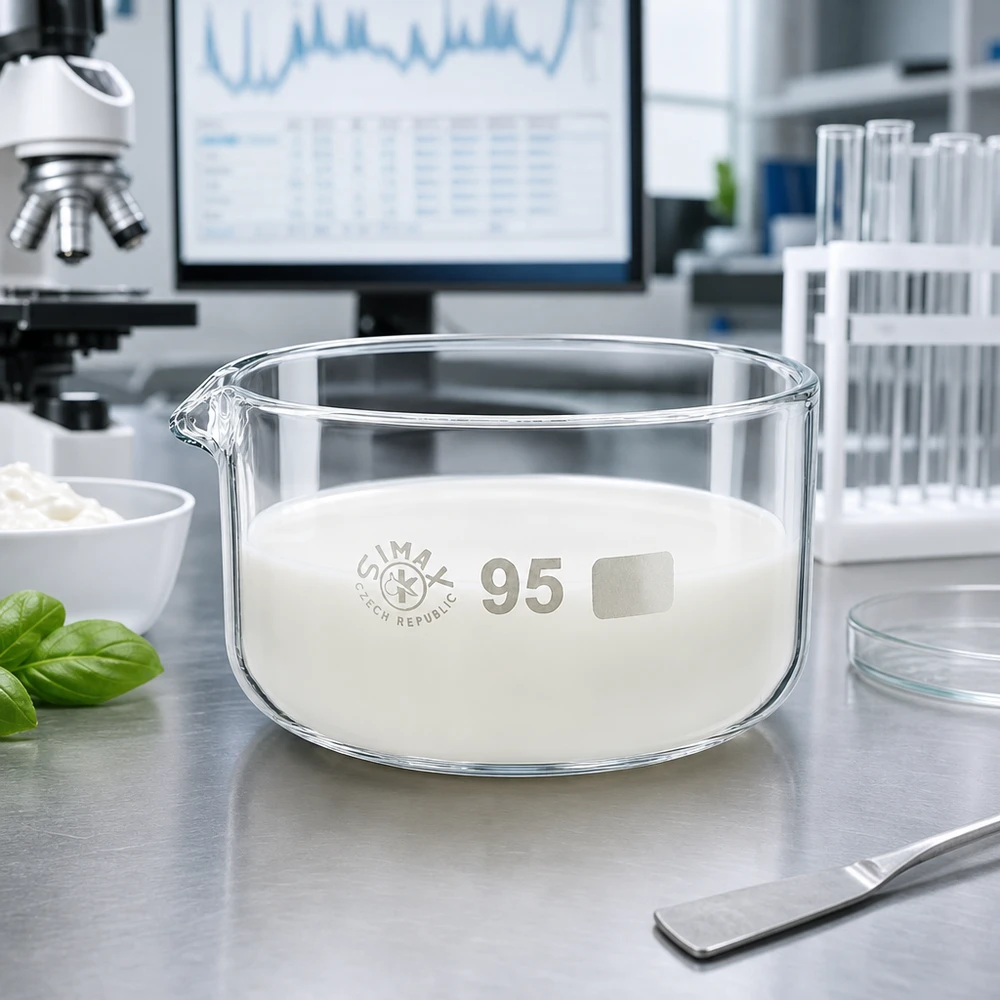 Piatto per cristallizzazione da 300 ml con beccuccio Bo.. ø95mm Vaschetta di cristallizzazione da 300 ml con sostanza bianca da laboratorio, in vetro borosilicato SIMAX, ø 95 mm, Repubblica Ceca